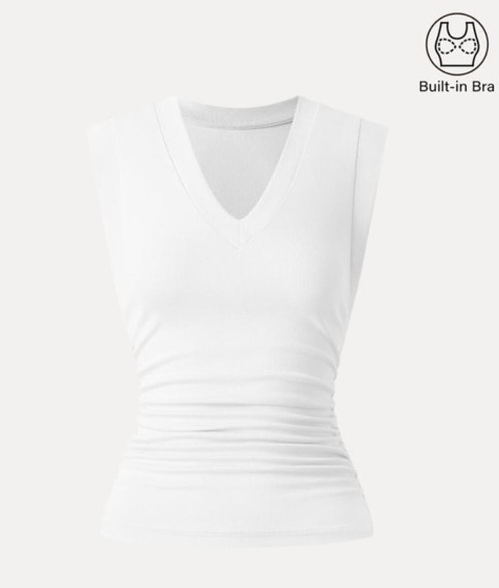 OGL Top Size L NEW Stretch Cotton V-neck Side Ruched Muscle Brami White